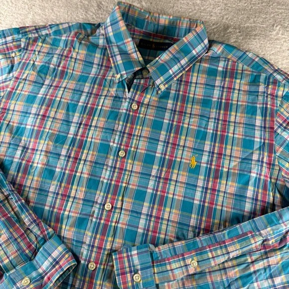Ralph Lauren Classic Fit Long Sleeve Dress Shirt Blue Pink Check XXL Men's Pony - Picture 1 of 9